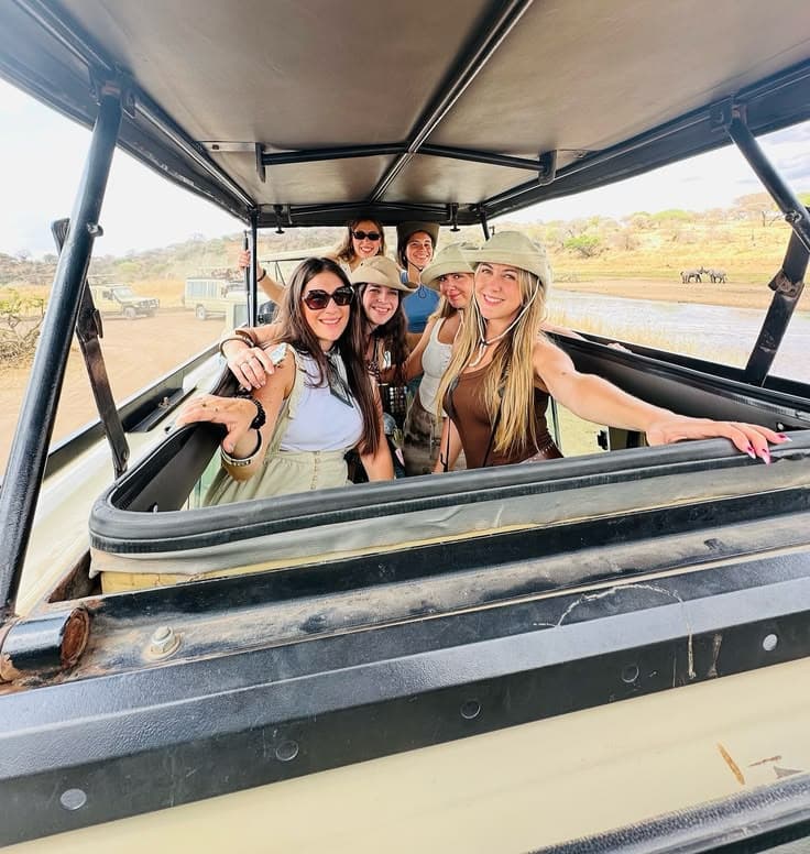 Group enjoying a game drive with elephants in the distance
